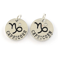 Alloy Pendants, with Rhinestone, Flat Round, with Constellation/Zodiac Sign, Platinum, Capricorn, 22x2.5mm, Hole: 5.5mm(X-PALLOY-S083-09P)