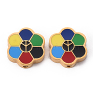304 Stainless Steel Enamel Beads, Flower with Peaceful Sign, Colorful, Golden, 15x14x3.5mm, Hole: 1.6mm(STAS-T052-14G)