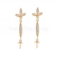 Brass Micro Pave Clear Cubic Zirconia Stud Earring Findings, for Half Drilled Beads, Nickel Free, Clover Leaf, Real 18K Gold Plated, 29.5x7.5mm, Pin: 0.7mm, pin: 0.6mm(for half drilled beads)(KK-S364-051)