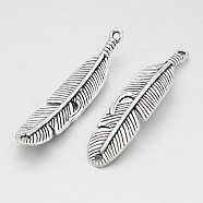 Tibetan Style Alloy Feather Pendants, Cadmium Free & Lead Free, Antique Silver, 45x10x4mm, Hole: 2mm, about 161pcs/500g(TIBEP-Q043-326-RS)
