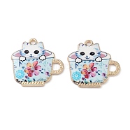 Printed Alloy Pendants, Teacup with Cat, Light Gold, Light Sky Blue, 22.5x23x2.5mm, Hole: 2mm(ENAM-Z018-01KCG-03)