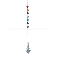 Chakra Mixed Synthetic & Natural Round Gemstone Pointed Dowsing Pendulums, Brass Macrame Pouch Stone Holder, Platinum, 264mm(PALLOY-JF02520-01)