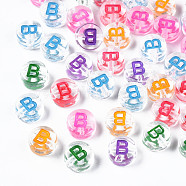 Transparent Clear Acrylic Beads, Horizontal Hole, Flat Round with Mixed Color Letter, Letter.B, 7x3.5mm, Hole: 1.2mm, about 3700pcs/500g(MACR-N008-56B)