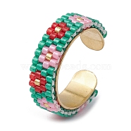304 Stainless Steel Open Cuff Ring with Glass Seed Beaded, Flower, US Size 6 1/2(16.9mm)(RJEW-MZ00013-01)