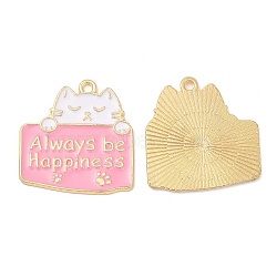 Cute Alloy Pendants, with Enamel, Golden, Cadmium Free & Lead Free, Cat with Word  Always be Happiness Charms, Pearl Pink, 26.5x25x1.3mm, Hole: 1.8mm(ENAM-L044-01G-02)