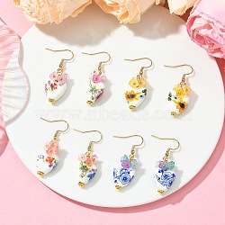 Handmade Porcelain & Acrylic Beads Dangle Earrings for Women, Heart with Flower, with 304 Stainless Steel Earring Hooks, Golden, Mixed Color, 40x14.5mm(EJEW-JE07329)
