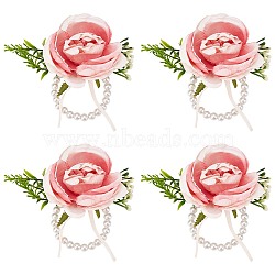 CRASPIRE 4Pcs Silk Wrist Corsage, with Plastic Imitation Flower and Imitation Pearl Stretch Bracelets, for Wedding, Party Decorations, Pink, 170x140mm, 4pcs/set(AJEW-CP0001-63)