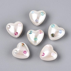 ABS Plastic Imitation Pearl Beads, Heart, with Rhinestone, Creamy White, 19x20x12mm, Hole: 1.6~2mm(SACR-T017-79A)