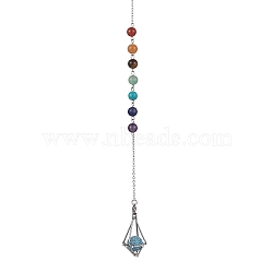 Chakra Mixed Synthetic & Natural Round Gemstone Pointed Dowsing Pendulums, Brass Macrame Pouch Stone Holder, Platinum, 264mm(PALLOY-JF02520-01)