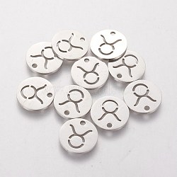 304 Stainless Steel Charms, Flat Round with Constellation/Zodiac Sign, Taurus, 12x1mm, Hole: 1.5mm(STAS-Q201-T095-2)