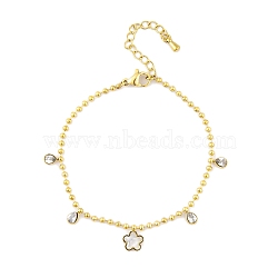 Ion Plating(IP) 304 Stainless Steel Chains Anklet, Cubic Zirconia & Synthetic Shell Charms Anklet, Golden, Flower, 6-3/4 inch(17cm)(AJEW-H148-10B-G)