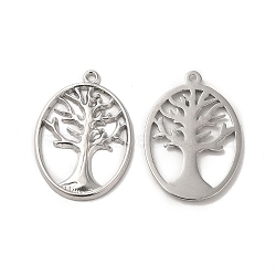 304 Stainless Steel Pendants, Oval with Tree of Life Charm, Stainless Steel Color, 25x18x1mm, Hole: 1.2mm(STAS-H212-43P)