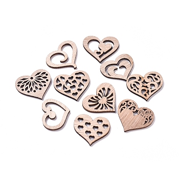 Laser Cut Wood Shapes, Unfinished Wooden Embellishments, Poplar Wood Cabochons, Heart, Blanched Almond, 20.5~24.5x26.5~28x2.5mm, about 100pcs/bag