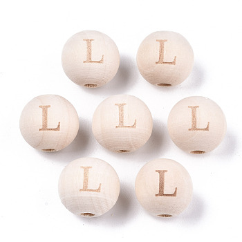 Unfinished Natural Wood European Beads, Large Hole Beads, Laser Engraved Pattern, Round with Word, Letter.L, 15~16x14~15mm, Hole: 4mm