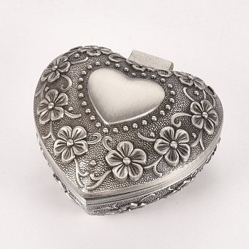 European Classical Princess Jewelry Boxes, Alloy Carved Flower Jewelry Boxes, for Craft Gift, Heart, Antique Pewter Color, 6x6x3.2cm