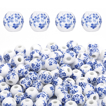 200Pcs Handmade Porcelain Beads, Blue and White Porcelain, Round with Flower Pattern, Blue, 9.5~10x8.5~9mm, Hole: 3mm