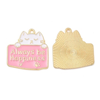 Cute Alloy Pendants, with Enamel, Golden, Cadmium Free & Lead Free, Cat with Word  Always be Happiness Charms, Pearl Pink, 26.5x25x1.3mm, Hole: 1.8mm