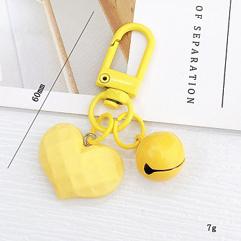 Acrylic Pendants Keychain, with Spray Painted Alloy Findings, Heart & Bell, Yellow, 6cm