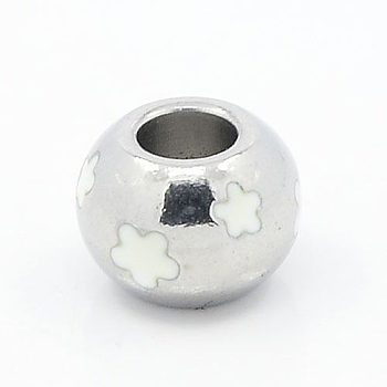 304 Stainless Steel Enamel Beads, Large Hole Beads, Rondelle with Flower, White Color, Stainless Steel Color, 9x7mm, Hole: 4mm