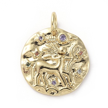 Brass Micro Pave Cubic Zirconia Pendants, with Jump Rings, Flat Round, Constellation, Colorful, Golden, Sagittarius, 14~15x2mm, Hole: 3mm