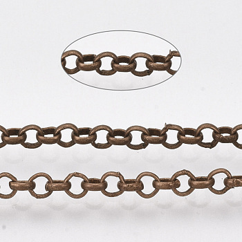 Soldered Brass Coated Iron Rolo Chains, Belcher Chain, with Spool, Red Copper, 2.5x0.7mm, about 328.08 Feet(100m)/roll