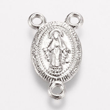 Tibetan Style Alloy Chandelier Component Links, 3 Loop Connectors, Rosary Center Pieces, Oval with Virgin Mary, Platinum, 16.5x10x1mm, Hole: 1.5mm