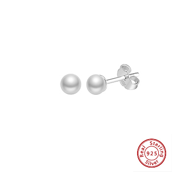 Round Natural Pearl Stud Earrings, 925 Sterling Silver Jewelry for Women, Real Platinum Plated, 14.5x4mm