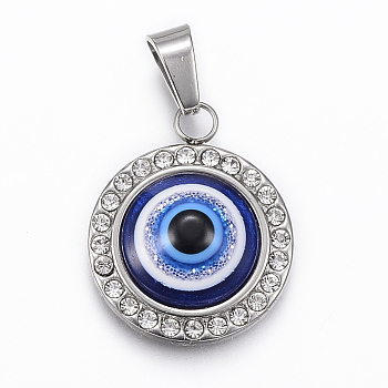 304 Stainless Steel Resin Pendants, with Rhinestone, Flat Round with Eye, Stainless Steel Color, 22x18x5.5mm, Hole: 4x7mm
