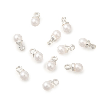 Brass ABS Imitation Pearl Pendants, Round, Silver, 6x3mm, Hole: 1.4mm