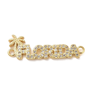 Beach Theme Rack Plating Brass Micro Pave Clear Cubic Zirconia Connector Charms, Word FLORIDA Links, Long-Lasting Plated, Cadmium Free & Lead Free, Real 18K Gold Plated, Tree, 9.5x27.5x2mm, Hole: 1.5mm