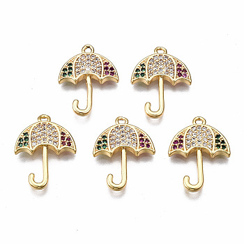 Brass Micro Pave Cubic Zirconia Pendants, Nickel Free, Umbrella, Real 18K Gold Plated, 17x13x2mm, Hole: 1mm