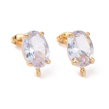 Brass Micro Pave Clear Cubic Zirconia Stud Earring Findings, with Vertical Loops and Ear Nuts, Oval, Cadmium Free & Lead Free, Golden, 17x10x6.8mm, Hole: 1.6mm, Pin: 0.9mm