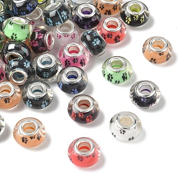 100Pcs Large Hole Dog Paw Prints Pattern Resin European Beads, with Silver Color/Platinum Plated Brass Double Cores, Rondelle, Mixed Color, 14x9~10mm, Hole: 5mm