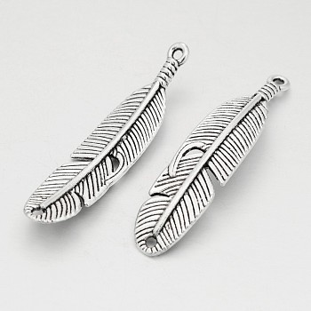 Tibetan Style Alloy Feather Pendants, Cadmium Free & Lead Free, Antique Silver, 45x10x4mm, Hole: 2mm, about 161pcs/500g