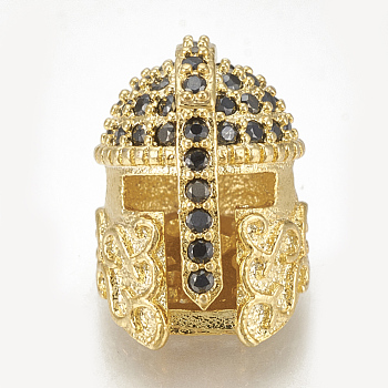 Brass Micro Pave Cubic Zirconia Beads, Helm, Black, Golden, 14x10x10.5mm, Hole: 1.5mm