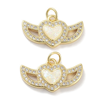 Brass Micro Pave Clear Cubic Zirconia Pendants, with Synthetic Opal and Jump Rings, Real 18K Gold Plated, Heart wirh Wing Charms, White, 12x21x2.5mm, Hole: 3mm