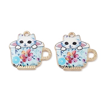 Printed Alloy Pendants, Teacup with Cat, Light Gold, Light Sky Blue, 22.5x23x2.5mm, Hole: 2mm