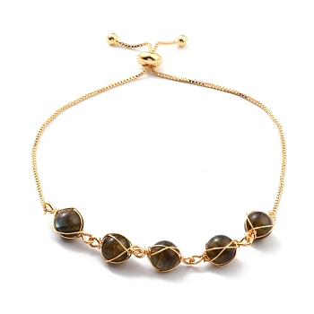 Natural Labradorite Wrapped Bracelets, Golden Brass Slider Bracelet for Women, Lead Free & Cadmium Free, 10-5/8 inch(27cm)