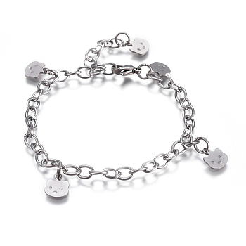 304 Stainless Steel Kitten Charm Bracelets, with Cable Chains and Lobster Claw Clasps, Cat Head Shape, 8-3/8 inch(21.4cm), 4.5mm
