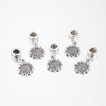 Alloy European Dangle Charms, Flower, Antique Silver, 28mm, Hole: 5mm