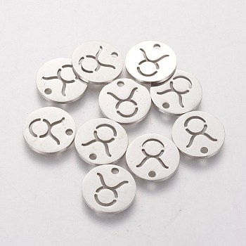 304 Stainless Steel Charms, Flat Round with Constellation/Zodiac Sign, Taurus, 12x1mm, Hole: 1.5mm