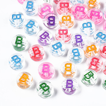 Transparent Clear Acrylic Beads, Horizontal Hole, Flat Round with Mixed Color Letter, Letter.B, 7x3.5mm, Hole: 1.2mm, about 3700pcs/500g