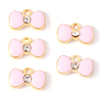 Alloy Enamel Charms, with Crystal Rhinestone, Bowknot, Light Gold, Pink, 9x15x2mm, Hole: 1.8mm