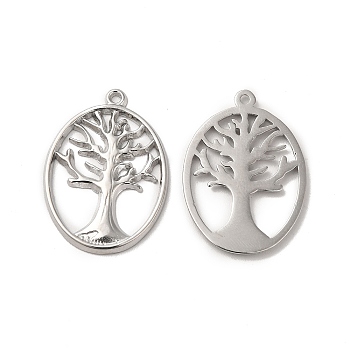 304 Stainless Steel Pendants, Oval with Tree of Life Charm, Stainless Steel Color, 25x18x1mm, Hole: 1.2mm