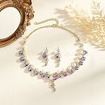 Zinc Alloy Rhinestone & Plastic Imitation Pearl & Glass Pendant Necklaces & Stud Dangle Earrings, Flower, Golden, Necklace: 15.75 inch(40cm)(FS-WG37AE5-01)