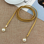 Imitation Leather Braided Belly Belt with Plastic Imitation Pearl Round Bead, Light Khaki, 1400mm(WG11EBA-01)