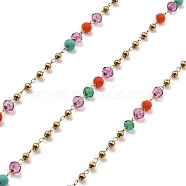 Colorful Rondelle Glass Beaded Link Chains, with 304 Stainless Steel Findings, Soldered, with Spool, Golden, 3x2.5mm, 2mm, about 32.81 Feet(10m)/Roll(CHS-G028-14G)