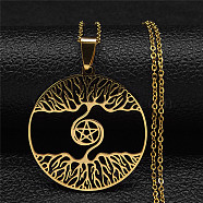 304 Stainless Steel Pendant Necklaces, Flat Round with Tree of Life Pattern, Golden, 20.16 inch(51.2cm)(NJEW-C042-07G)