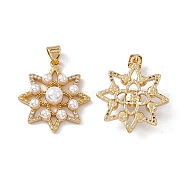 Brass Micro Pave Cubic Zirconia Pendants, with ABS Imitation Pearl, Flower Charm, Real 18K Gold Plated, 24x22x6mm, Hole: 5x3.5mm(KK-B061-11G)