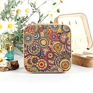 Ethnic Portable Printed Square Cork Wood Jewelry Packaging Zipper Box for Necklaces Earrings Storage, Flower, 12x12x5cm(PW-WG18771-01)